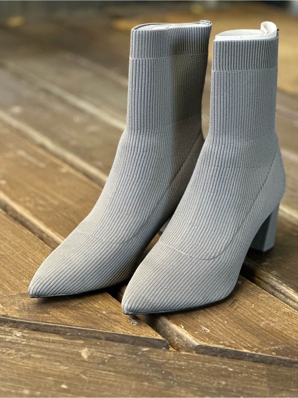 Calvin Klein Light Gray Ribbed Pointed-Toe Sock Booties - Picture 1 of 5